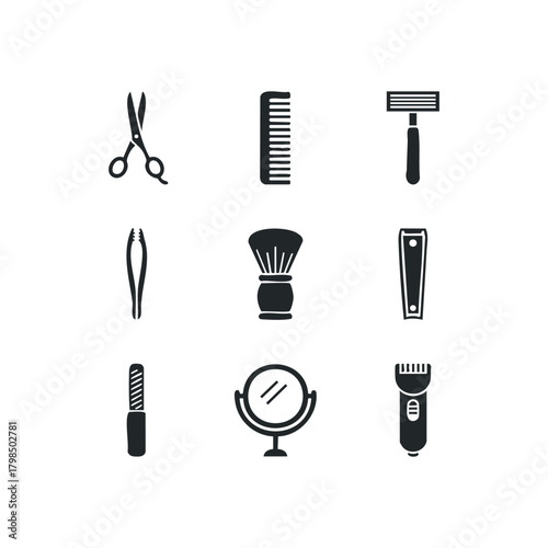 Grooming tools collection icons for personal care
