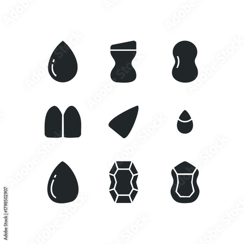 Nine isolated icons representing geometric shapes and gemstones