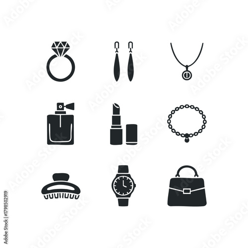 Collection of nine simplified icons of personal accessories and jewelry