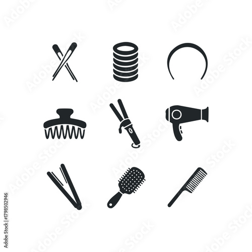 Set of Black Hairstyling Tools and Accessories