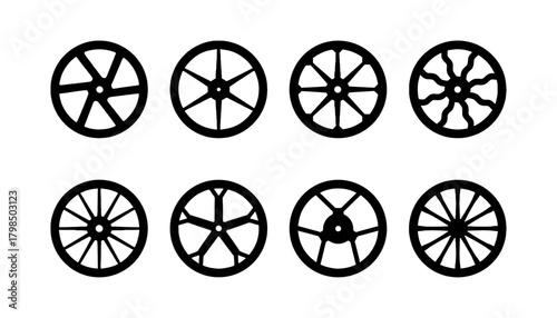 Set of Modern and Vintage Wheel and Spoke Designs: Silhouette Icons Representing Car Rims, Bicycle Wheels, Cart Wheels, and Mechanical Gears