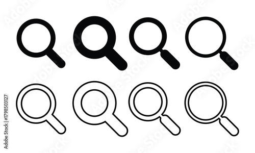 Eight magnifying glass icons in black shades presented on a white transparent background