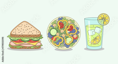 Illustration of a balanced meal: sandwich, salad, and lemonade for healthy eating