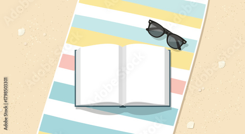 Summertime relaxation with a book and sunglasses on a striped beach towel laid on sand