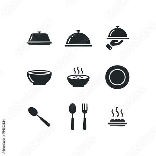 Food service icon set with cloche plate bowl and cutlery