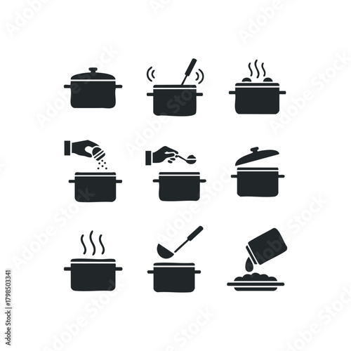 Cooking pot icons for food preparation and serving