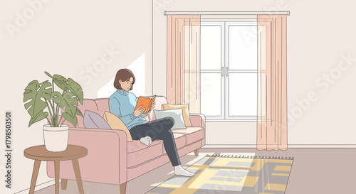 Illustration of a woman reading a book on a sofa in a cozy living room atmosphere