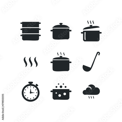 Kitchen cooking icons including pots, ladle, and timer