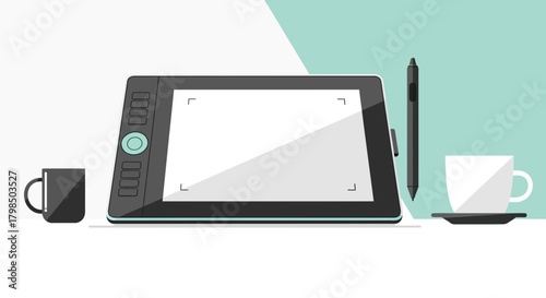 Stylized graphic design workspace illustration with tablet pen and beverage mugs offering modern