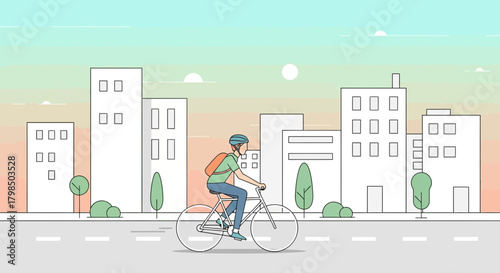 Cartoon illustration of a cyclist riding through a city with modern buildings during sunrise or