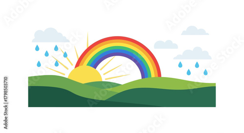 Vibrant rainbow arches over verdant hills with sun and rain showcasing nature's colorful spectacle