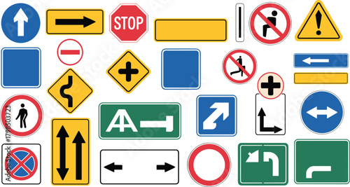 Road signs collection, traffic symbols, directional arrows, pedestrian warnings, stop and caution signs, regulatory icons, navigation graphics, safety illustration, stock vector