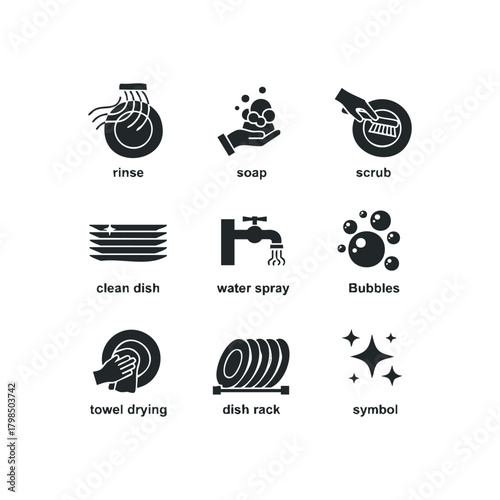 Dishwashing process icons with labels