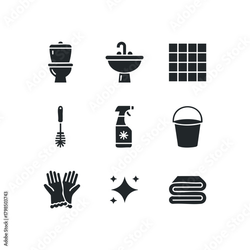 Collection of sanitation and hygiene icons for home cleaning