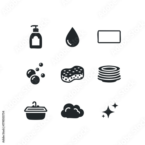Dishwashing icons set including soap, water, and clean plates