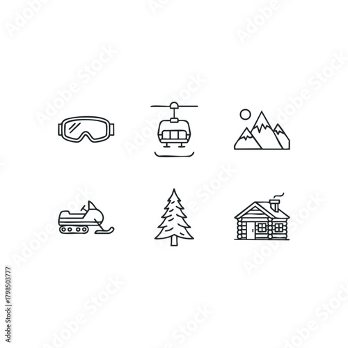 Snowy Mountains Cabin and Snowmobile Icons