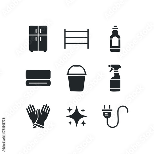 Collection of cleaning supplies and tools icons