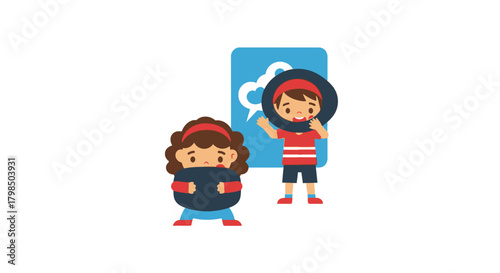 Two kids playfully interact with speech bubbles demonstrating creative communication concepts