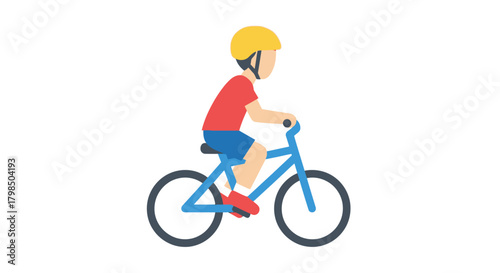 Stylized vector illustration depicting a child safely riding a bicycle with helmet protection and