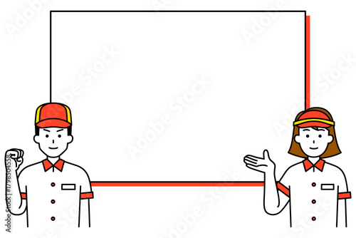 ホワイトボードで説明するファストフード店の店員