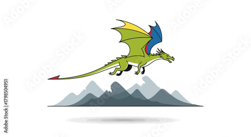 Vivid illustration of a colorful cartoon dragon gliding above misty mountain peaks