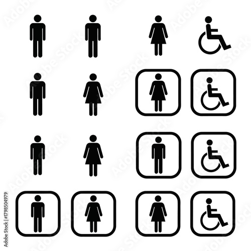 Restroom icons vector set, male, female, and accessible, flat design