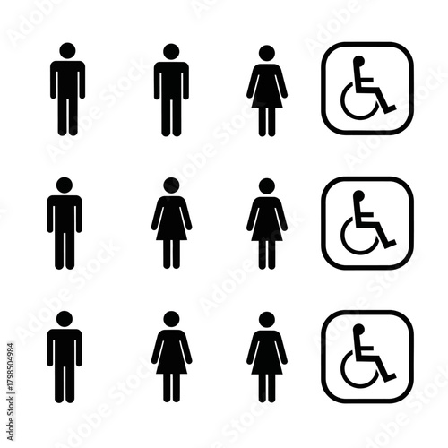 Restroom icons vector set, male, female, and accessible, flat design