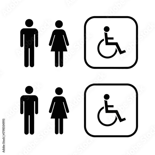 Restroom icons vector set, male, female, and accessible, flat design