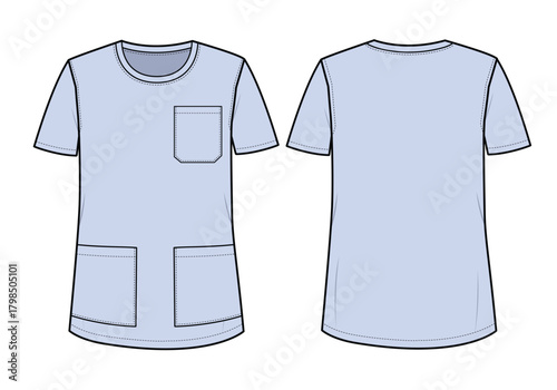 Crew neck scrub t-shirt front and back view vector template technical design by adobe illustrator.