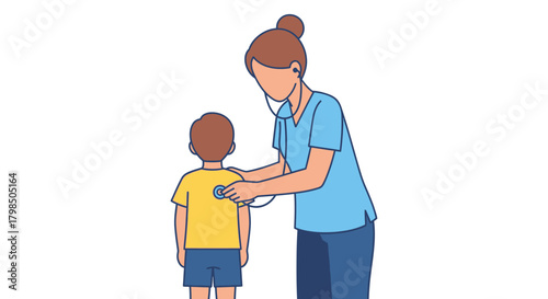 Pediatric healthcare illustration showcasing a doctor examining a child with a stethoscope, health