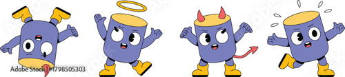 Funny cartoon cylinder characters, silly expressions, angel and devil mood, emotional faces, playful boots, quirky design, blue yellow theme, stock illustration, humor