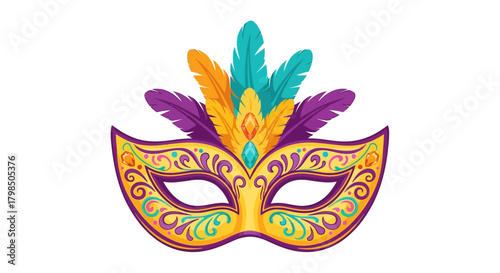 Vibrant mardi gras mask with feathered embellishments and decorative swirls and gem details on a