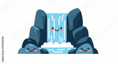 Enchanting Cartoon Waterfall Scene with Adorable Rocks and Sparkling Water Flow