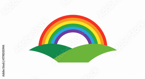 Colorful rainbow arches over vibrant green hills, cartoonish and cheerful illustration