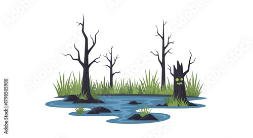 Eerie cartoon swamp landscape with gnarled trees, still water and sinister stump character evoking