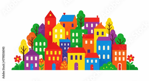 Vibrant neighborhood illustration with colorful houses, trees and flowers, a charming village