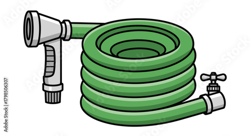 Cartoon illustration of a coiled green garden hose with a spray nozzle and valve