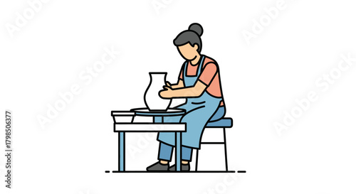 Illustration of a serene woman artist shaping clay on a pottery wheel in her studio