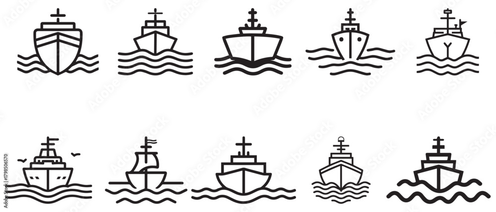Fototapeta premium Boat sea black icon outline cargo cruise design.