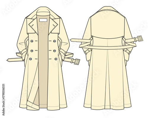 Trench coat technical flat sketch vector mockup illustration.
