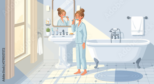 Morning routine: Woman brushes teeth in a bright, sunlit bathroom with vintage elements