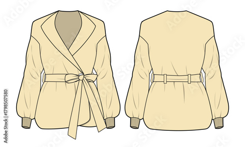 Women's cardigan with waist belt tie, long sleeve ribbed vector mockup template technical technical line drawing.