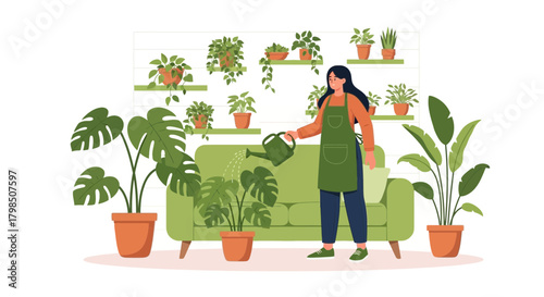 Woman nurturing indoor plants: cultivating a vibrant home oasis with care