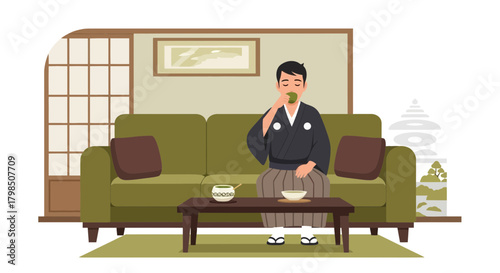 Man in traditional kimono enjoying a matcha tea ceremony at home serenity