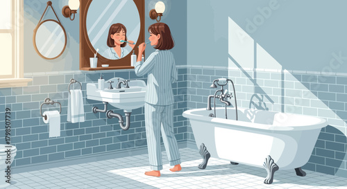 Morning routine illustration of a woman brushing her teeth in a serene bathroom