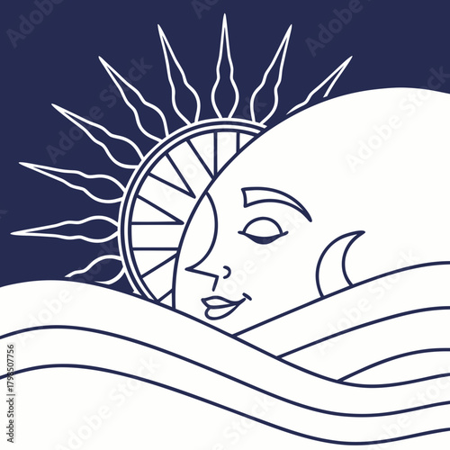 Stylized sun and moon face with wavy lines on a dark blue background celestial