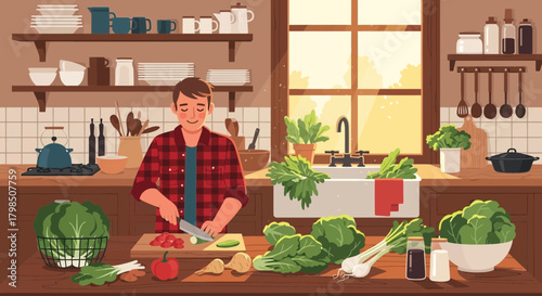 A serene illustration depicting a person preparing fresh vegetables in a kitchen