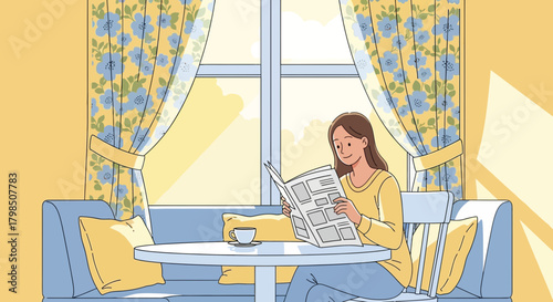 Serene morning scene featuring a woman reading newspaper in her cozy home
