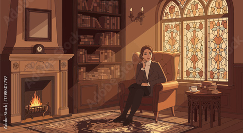 Woman resting in armchair by stained glass window, fire burning in fireplace