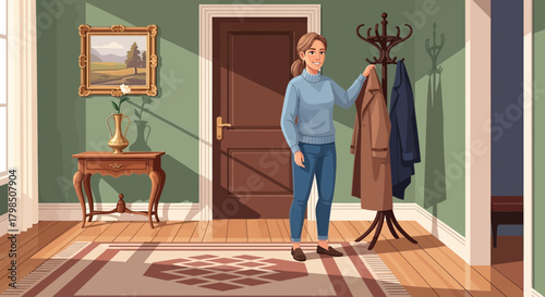 A woman in a welcoming hallway, preparing to leave or just arriving home